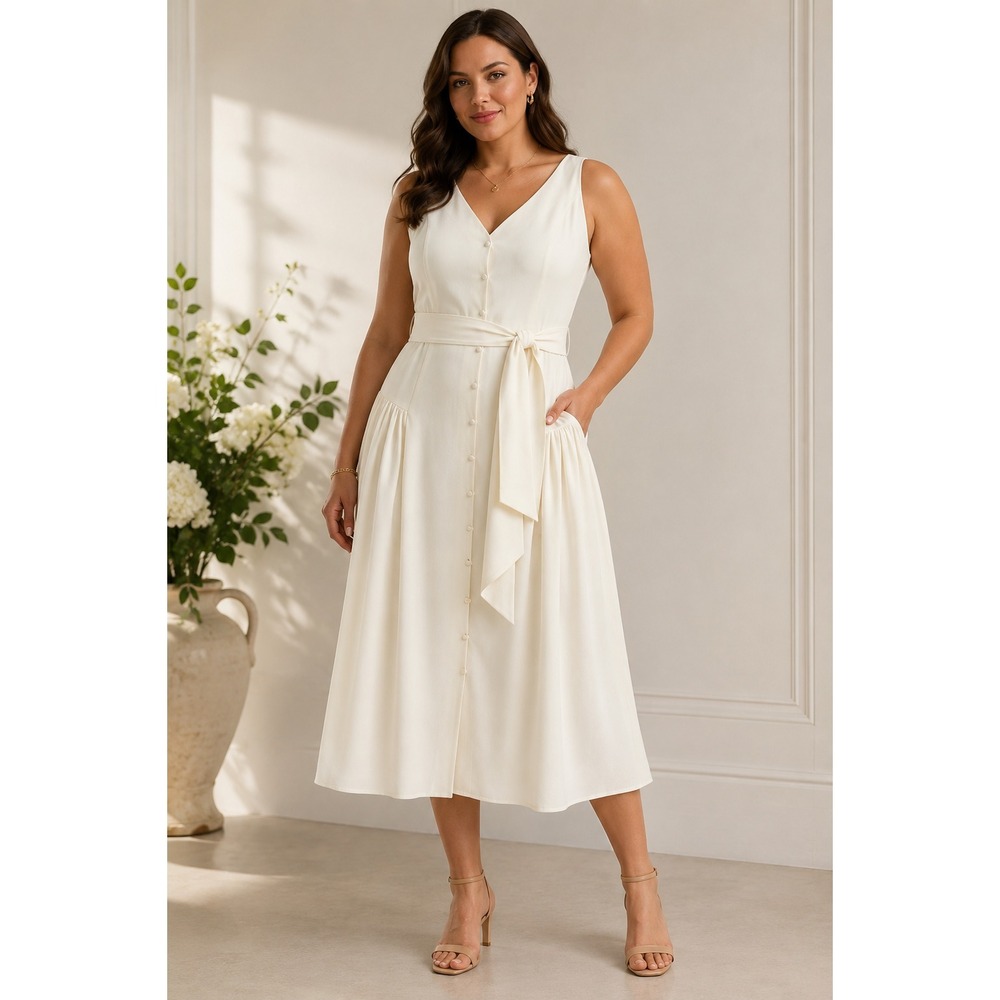 Lauren Ralph Lauren Ivory Belted Georgette Sleeveless Dress Size 12 Quiet Luxury